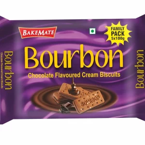 BakeMate Bourbon Biscuits – Chocolate Cream Filled Sandwich Biscuits | Biscuit Family Pack of 2 | Rich Chocolate Vanilla Flavor | 500g