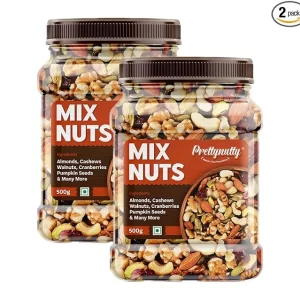 PrettyNutty Healthy Nutmix 1kg, Dried Almonds, Black Raisins, Cashewnuts, Cranberries, Green Raisins, Walnut Kernels & Many More. Pack of 2 (500g Each Jar)